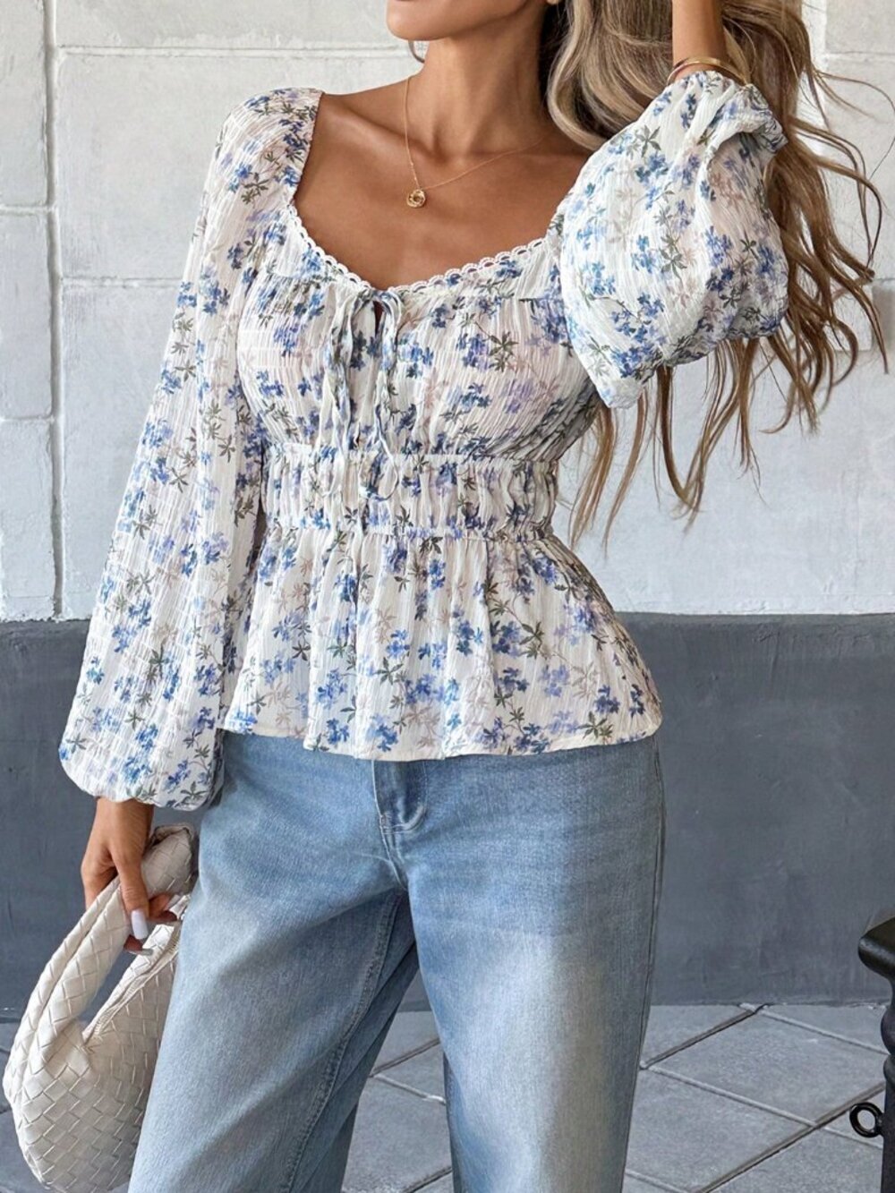 Floral Womens Sweetheart Neckline Cinched Waist Shirred Tie-Up Blouse - Picture 6 of 8